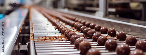 chocolate on factory tape, selective focus, Generative AI,