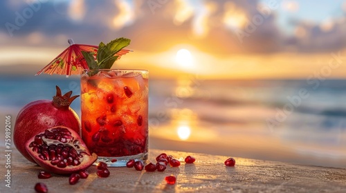 Pomegranate juice with fresh pomegranate fruits on sand overlooking a sunset tropical beach photo