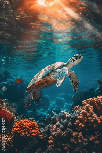 Majestic Sea Turtle, vibrant scales, exploring the colorful coral reefs of the ocean floor, capturing the beauty of the underwater world Realistic, Golden Hour, Fish-eye Effect © BOMB8