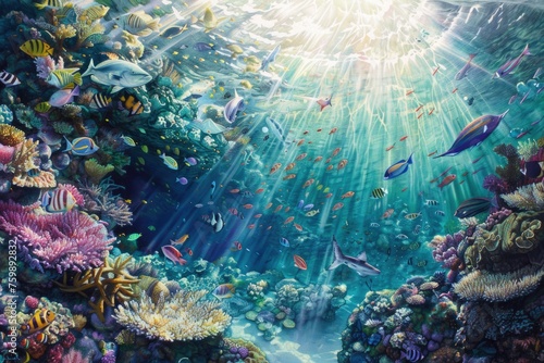 Underwater scene teeming with colorful fish and vibrant coral reef in the tropical waters of the Red Sea