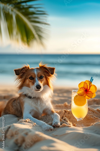 dog lies on the beach with a glass of fresh juice, Generative AI,