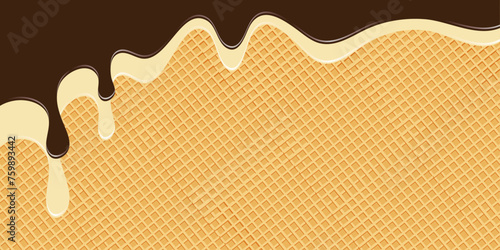 Vanilla and chocolate on waffle texture background, waffle cone with ice cream. Cartoon illustration for web, site, advertising, banner, poster, flyer, business card. Vector