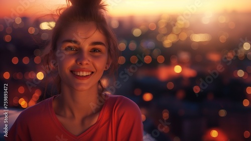 A rooftop at dusk, a smiling model girl with city lights in the background.