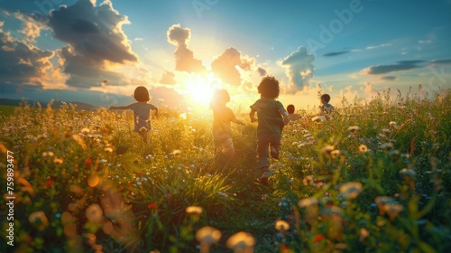 Children Running Through Field at Sunset