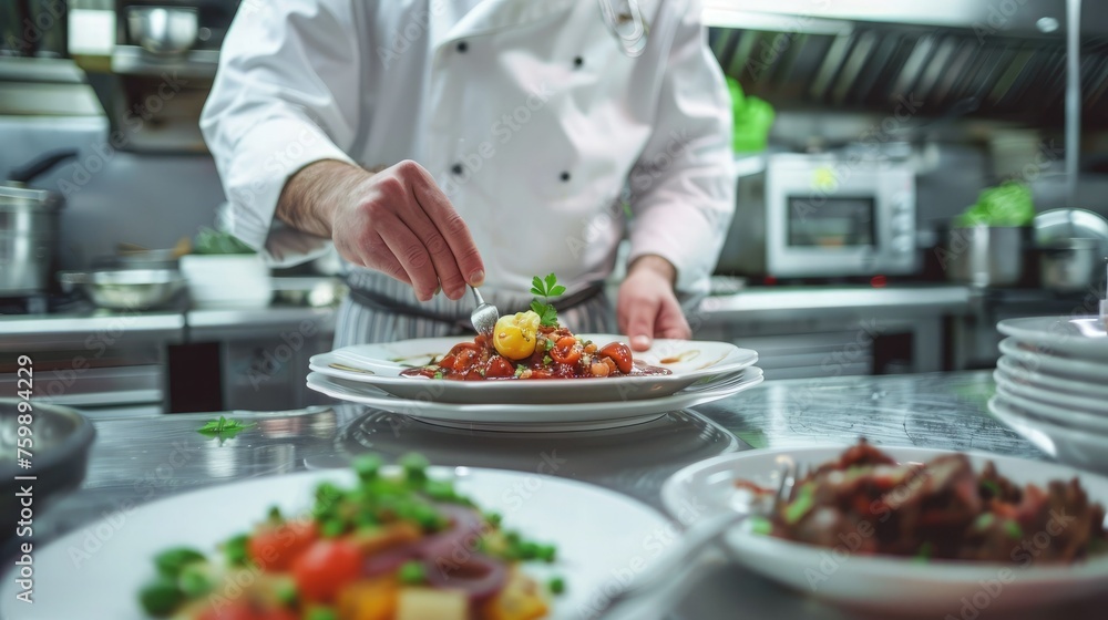 a chef plating delicious food in the clean kitchen of a modern restaurant a chef plating delicious food in the clean kitchen of a modern restaurant