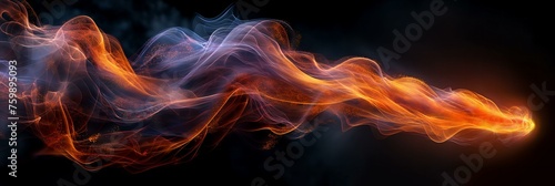 A long, colorful, and glowing stream of fire. The fire is orange and blue, and it is shooting out of a black background. Concept of energy and excitement, as well as a feeling of movement