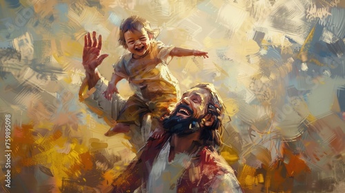 Full body portrait oil painting of Jesus with arabic skin colour, lifting a child high over head and dancing, smiling happy laughing faces, Beautiful landscape scenery background,