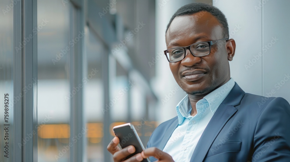 a photo of an african business man using a cellphone at the office. depth of field. ray tracing a photo of an african business man using a cellphone at the office. depth of field. ray tracing