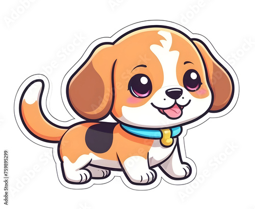 So cute Beagle dog  kawaii style  Sticker  Happy  Neon  Folk Art  Contour  Vector  White Background PNG  ai generated