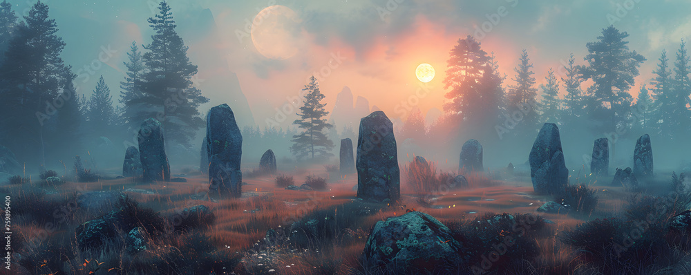 A serene twilight descends on a misty forest, where an ancient stone circle stands mysterious against a backdrop of towering trees and a glowing moon.