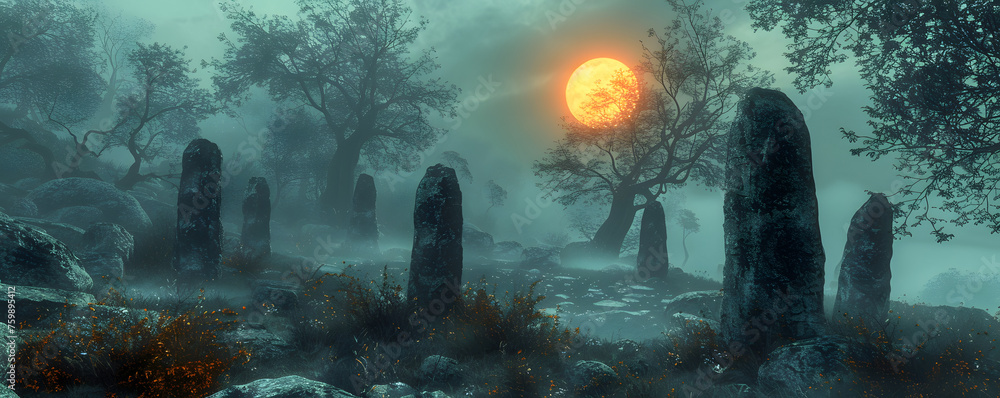 A chilling scene unfolds as megalithic stones rise from a forest clearing under a haunting full moon, enveloped in midnight mists.