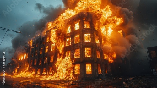 Massive Building Engulfed in Flames and Smoke