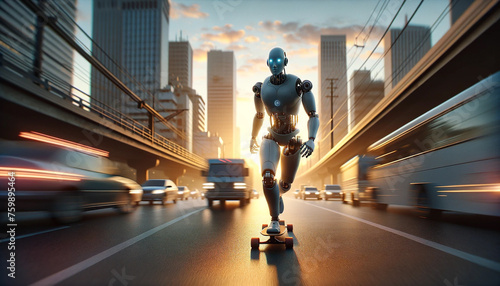 Robot skateboarder cruising through the city at sunset. © connel_design