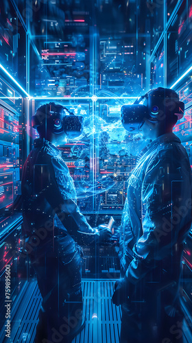 Two men engage in a virtual reality experience, surrounded by the high-tech glow of servers in a futuristic data center.