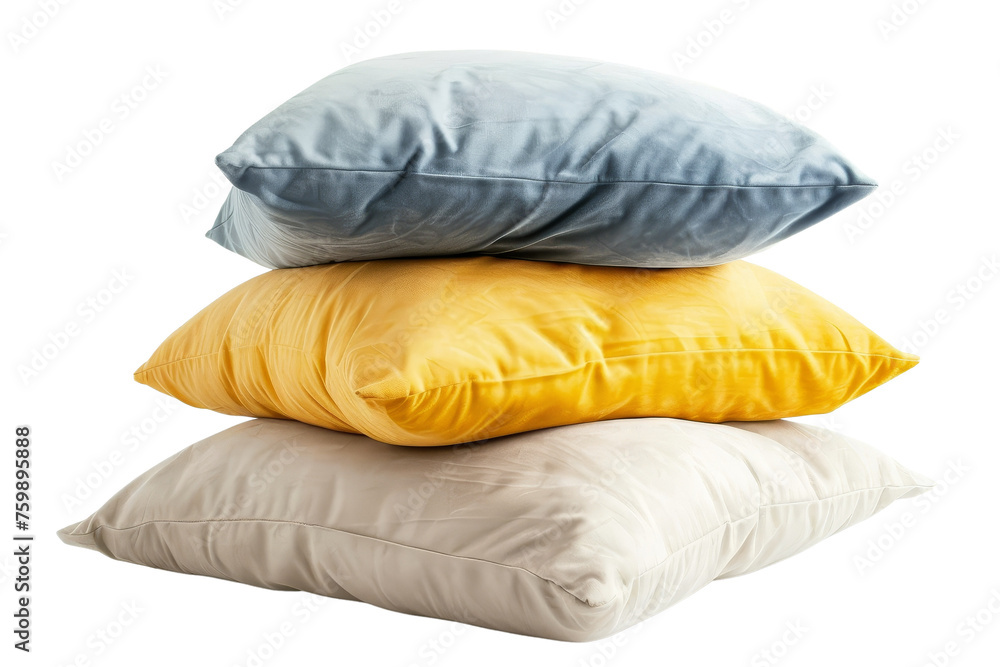 Pile of soft pillows in shades of grey, yellow, and white isolated on black, symbolizing comfort and relaxation