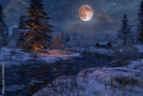 Enchanted winter realm A serene snow-covered landscape under a starry night sky © Lucija