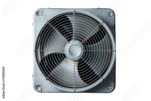 Industrial extractor fan with metal guard isolated on black background, suited for cooling systems