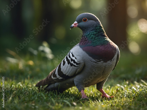 An ordinary pigeon perched on green grass.
