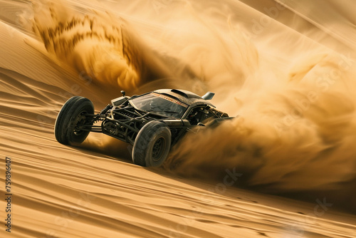 A car is driving through a sandy desert, leaving a trail of dust behind it. The scene is dynamic and exciting, with the car's speed and the swirling sand creating a sense of motion and energy. © pingpao