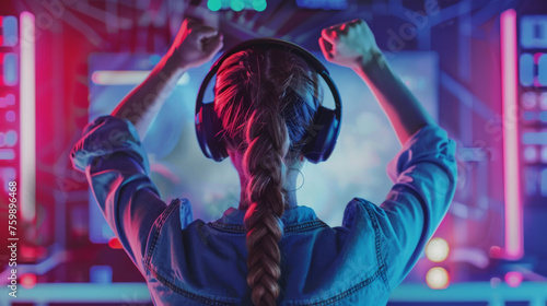 A person with a braid wearing headphones raises their arms in front of a neon-lit computer gaming setup.