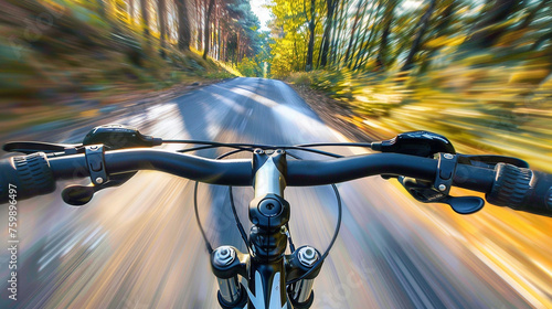 POV shot of blurry motion image of a person riding a bicycle down a street in the autumn forest. photo