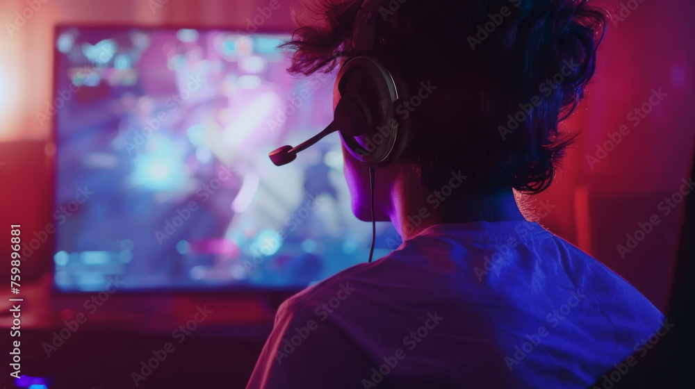 A person with headphones is sitting in front of a computer monitor in a room illuminated by neon lights.