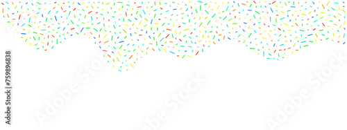 Border with colorful sprinkles. Glaze for donut, ice cream or muffins with rainbow, green, yellow, blue and pink falling decorative candies. Vector Illustration for holiday designs