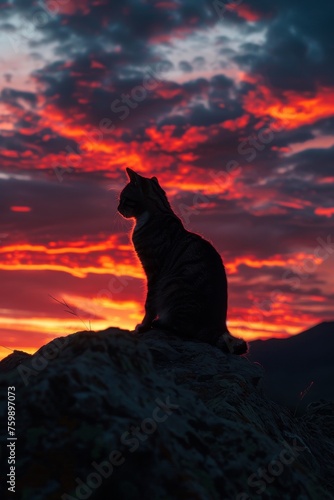 Triumphant cat, silhouette before a vibrant dawn sky, on mountain's edge