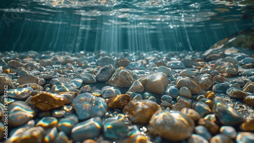 Sunbeams illuminate river pebbles creating a tranquil underwater scene