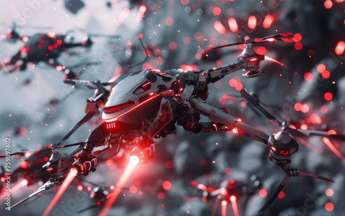 A 3D animated depiction of a futuristic battle scene with robots and soldiers in an apocalyptic setting