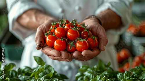 Fototapeta Naklejka Na Ścianę i Meble -  Chef's hands presenting ripe cherry tomatoes