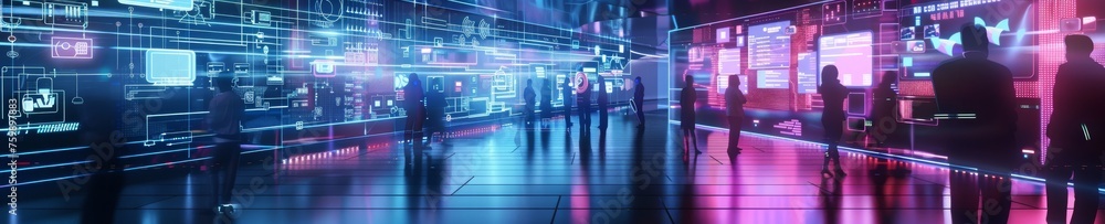 A 3D depiction of a futuristic neon investment firm, with analysts examining glowing charts and digital financial models