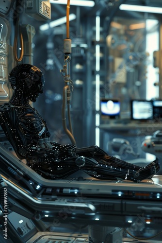 A 3D depiction of a cybernetic organism, blending advanced robotics with human features, in a high-tech facility photo