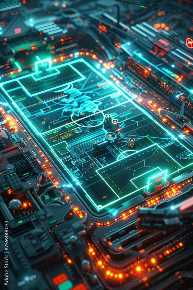 A 3D depiction of a neon-themed sports arena in the future, with glowing fields and interactive spectator screens