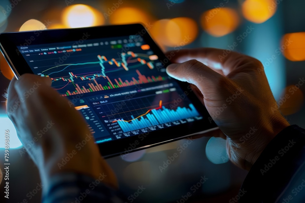 Financial expert engaging in a comprehensive market analysis Utilizing a digital tablet to sift through global economic data - obrazy, fototapety, plakaty 