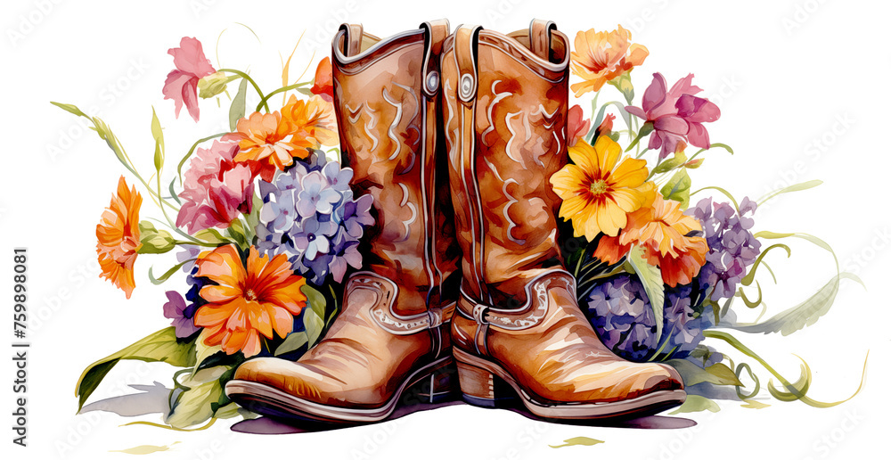 cowboy boots with a yellow and lavender floral bouquet in a side view PNG, in a Country decor-themed, isolated, and transparent watercolor illustration. Generative ai - obrazy, fototapety, plakaty 