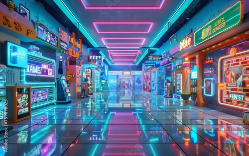 A 3D depiction of a neon-themed shopping mall in the future, with digital storefronts and interactive ads