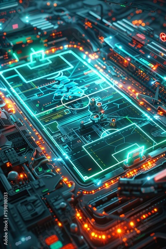 A 3D depiction of a neon-themed sports arena in the future, with glowing fields and interactive spectator screens