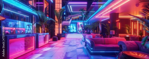 A 3D depiction of a neon-themed luxury hotel in the future, with glowing suites and holographic concierge services