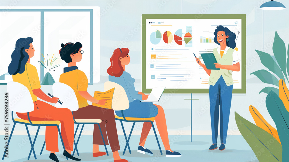 With confidence and expertise, a girl directs the office presentation, utilizing the board to articulate her ideas and engage the audience, ensuring that every point is conveyed wi