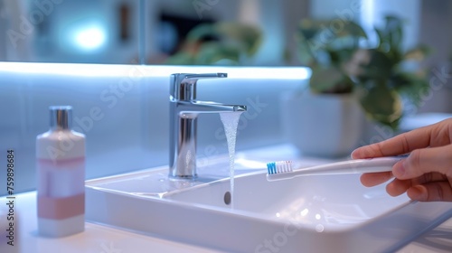 Toothbrush under running water in bathroom