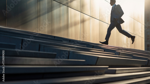 A man in a business suit walking up the stairs outside