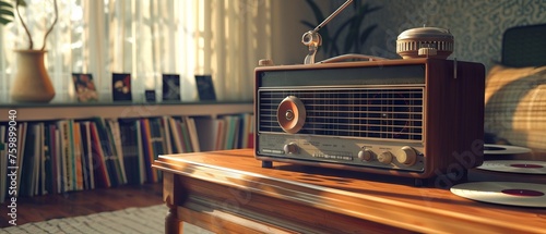 A 3D model of a vintage radio set on a wooden table, surrounded by vinyl records and a nostalgic ambiance