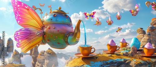 A 3D model of a whimsical teapot with butterfly wings, pouring rainbow tea into floating cups in a dreamy landscape