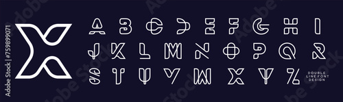 Vector of Futuristic Alphabet Letters and numbers, One linear stylized rounded fonts, One single line for each letter, Black Letters set for sci-fi, military. photo