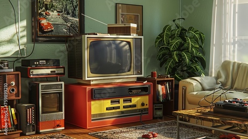 A 3D model of an early video game console setup in a living room, complete with a cathode-ray tube TV and wired controllers photo