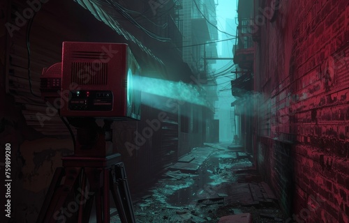 A 3D news projector in a dystopian alley, casting stories of future societies, with room for text on the side © Shutter2U