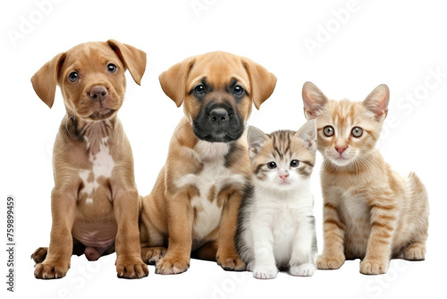 Group of Happy dogs and cats that looking at the camera together isolated on transparent background, Row of friendship between dog and cat, amazing friendliness of the pets.
