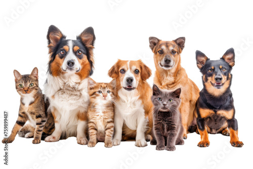 Group of Happy dogs and cats that looking at the camera together isolated on transparent background, Row of friendship between dog and cat, amazing friendliness of the pets. © TANATPON