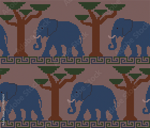 Photography Knitted seamless pattern with elephants and baobabs